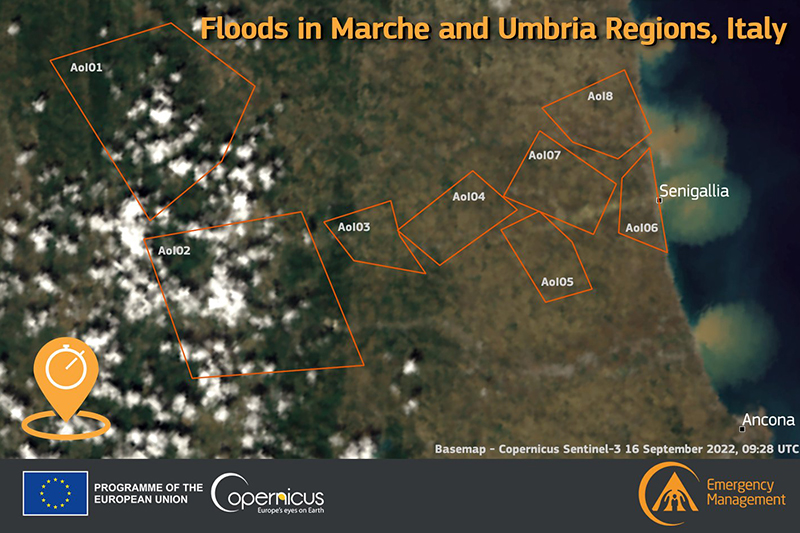 Copernicus. Immagine satellitare delle aree alluvionate nelle Marche