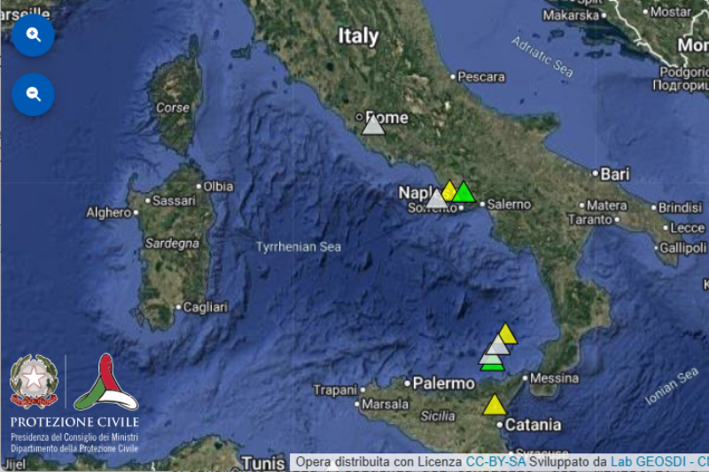 Mappa Livelli di allerta vulcani in Italia